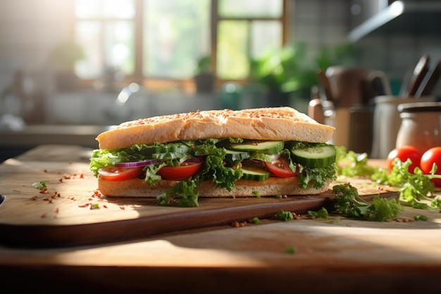 Vegetarian sandwich with slices tomatoes lettuce onions on the kitchen table illuminated by morning light from the window Quick delicious healthy breakfast Generative AI