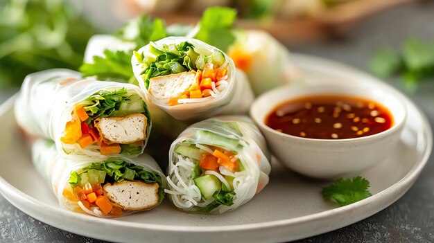 Photo vegetarian spring rolls with tofu veggies and noodles on plate