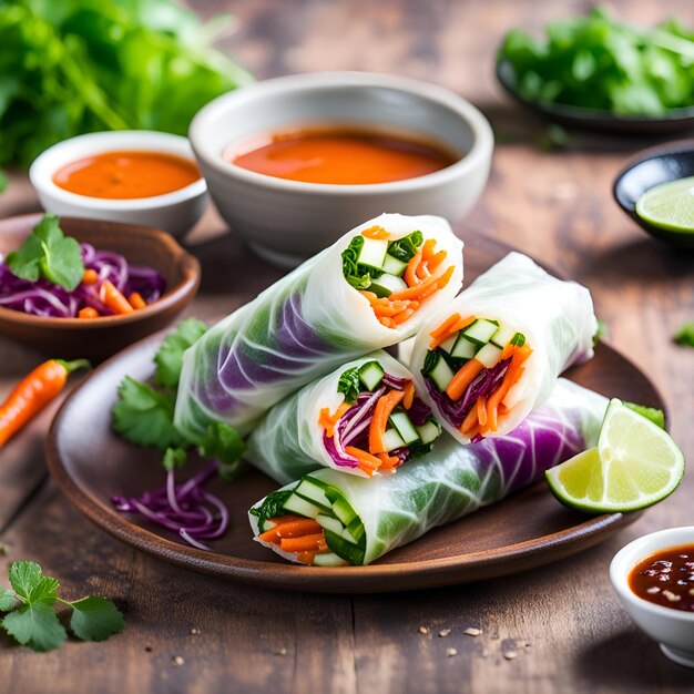 Vegetarian vietnamese spring rolls with spicy sauce carrot cucumber red cabbage and rice noodle