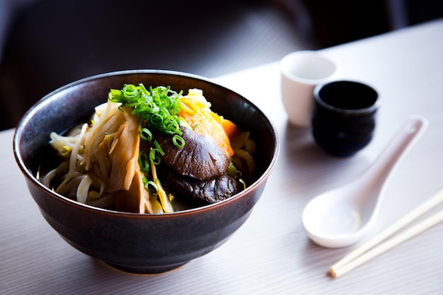 Vegeterian ramen soup. Traditional Japanese recipe.