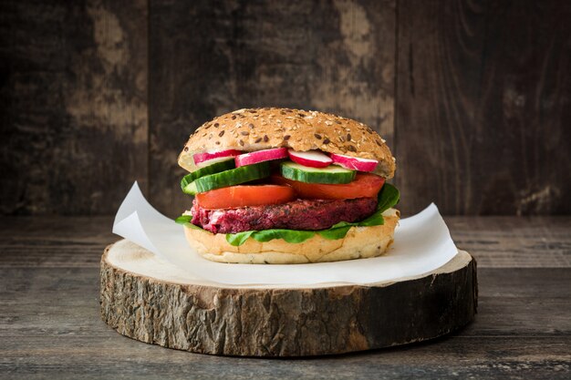 Veggie beet burger on wood table