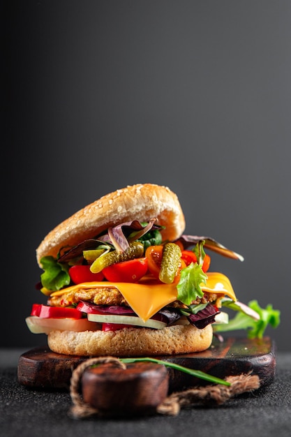 veggie burger cutlet vegetable meat, tomato, gherkin, lettuce healthy meal food snack on the table