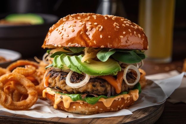 Veggie burger topped with avocado slices and crispy onion rings on toasted bun