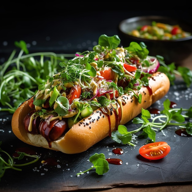 veggie hot dog with microgreens topping food photography