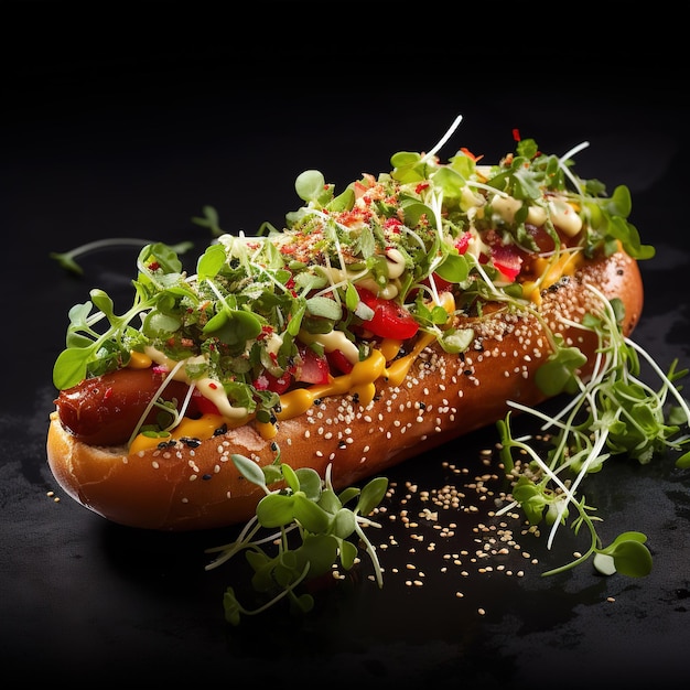 veggie hot dog with microgreens topping food photography