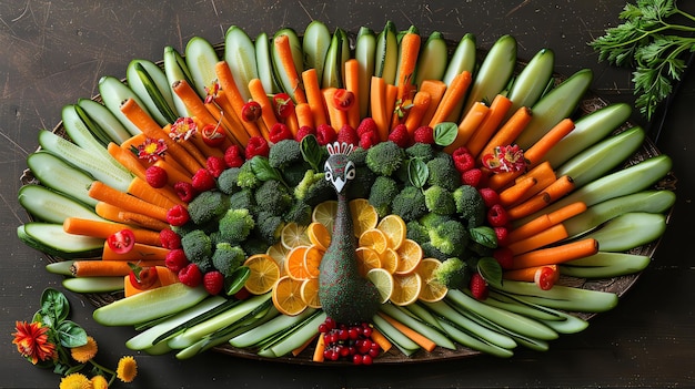 Photo veggie platter arranged as a peacock animal face food colorful appetizer