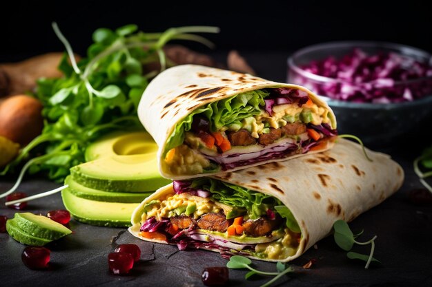 Veggie wrap with hummus and avocado slices