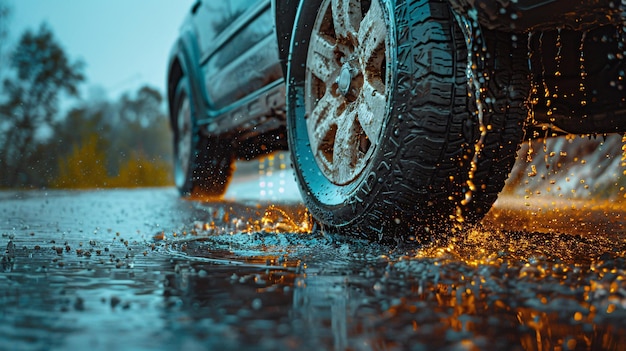 Vehicle driving on wet road in rainstorm