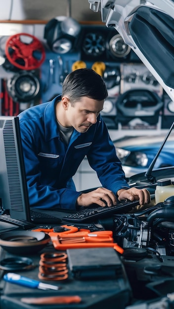 Vehicle mechanic working on computer