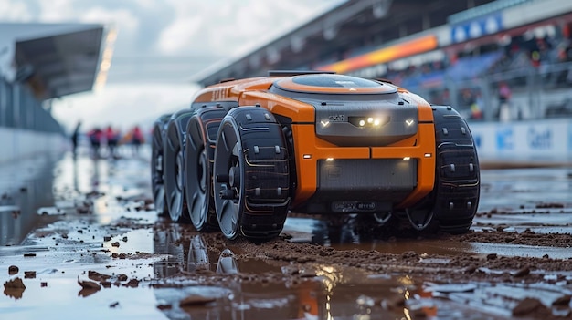 a vehicle with a flat tire on the back is shown in a puddle