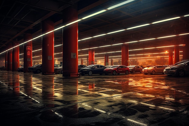 Vehicles parked on big parking area night view generative AI