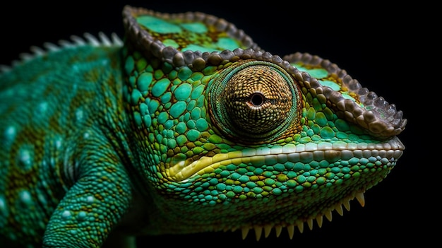 Veiled Chameleon walking on bamboo stick against black background Chameleon