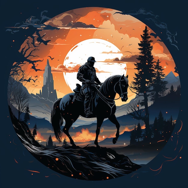 vektor silhouette of a soldier riding a horse against the background of a starry moon icon muslim