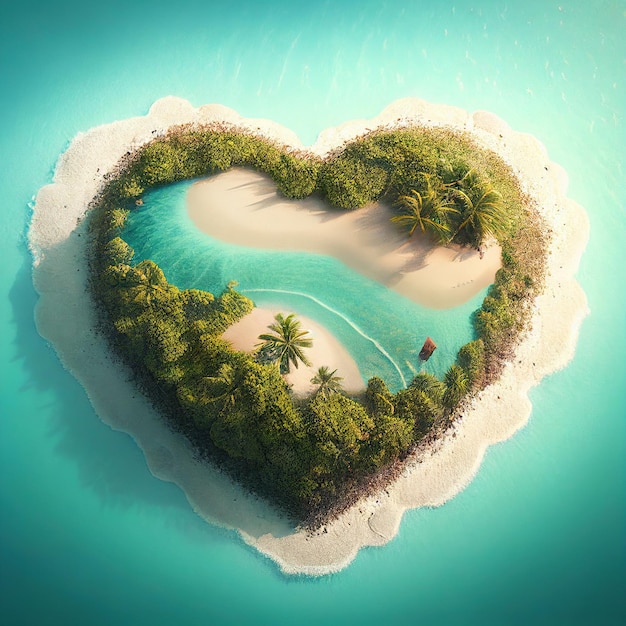 Velentine s day concept Tropical heart shape desert island with white sand beach and turquoise water