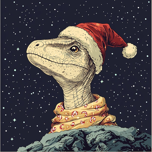 Velociraptor Wearing Santa Hat and Scarf Against a Starry Night Sky