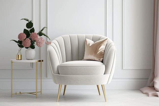 Velvet armchair in a neutral room with white walls