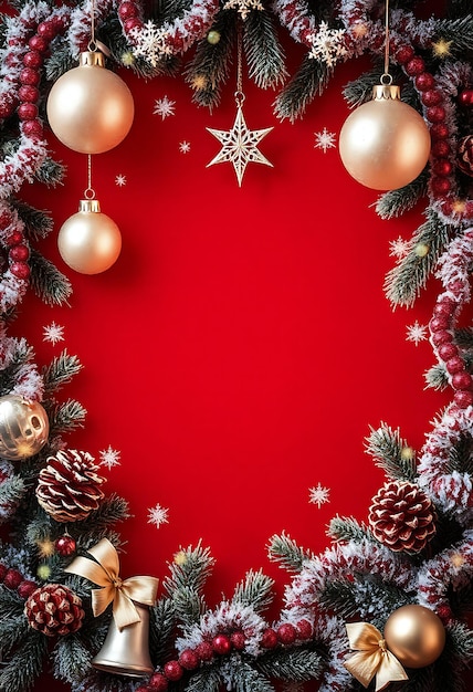 Velvet Crimson Backdrop Adorned With Frosted Pinecones Shimmering Baubles Dangle Elegantly Encircl