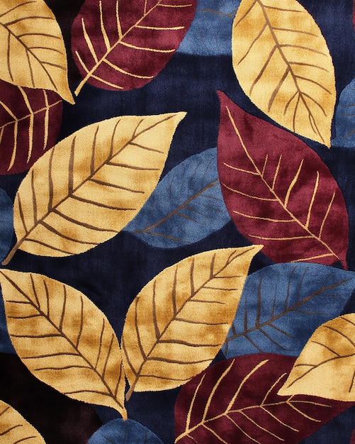 Photo velvet fabric with large leaf pattern in burgundy gold and deep ocean blue