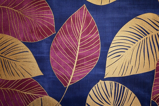 Photo velvet fabric with large leaf pattern in burgundy gold and deep ocean blue