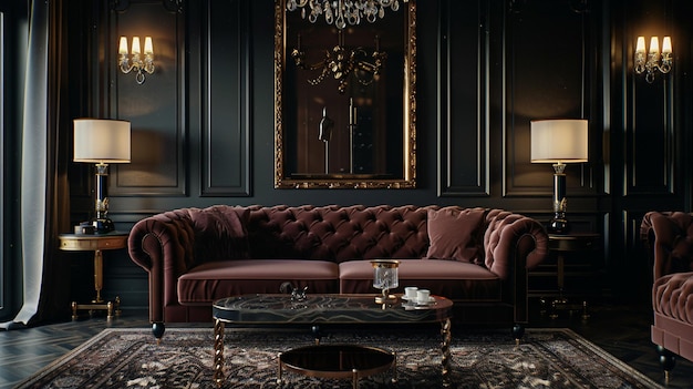 Velvet Sofa in Elegant Living Room with Chandelier