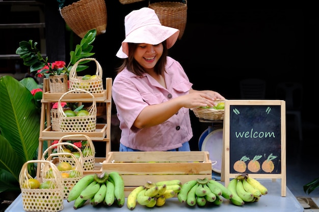 Vendor selling fruits at a market stall minimal style