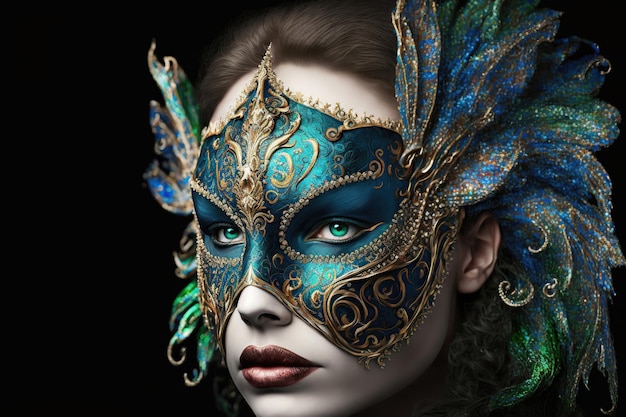 Venetian carnival mask Gold color colored feathers Happy carnival festival party Woman face mask on dark background 3d illustration