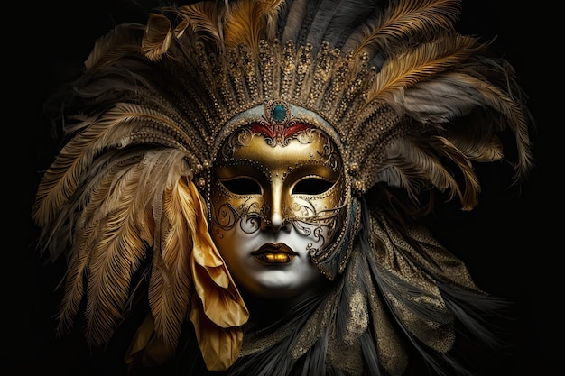 Venetian carnival mask gold colored feathers beautiful realistic Generative AI AIG15