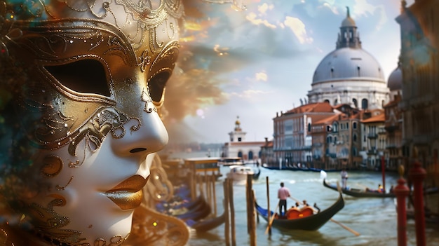 Photo venetian carnival mask with a view of the grand canal