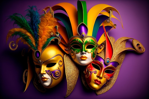 Venetian carnival masks and beads decoration Mardi gras background Generative AI