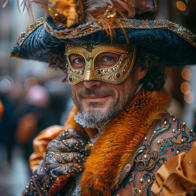 Photo a venetian man from the 1700s holding a carnival mask captured in photorealistic hasselblad bokeh