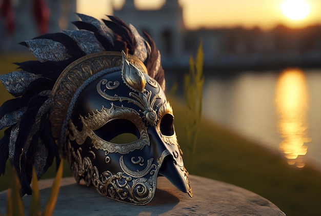 Venetian mask on background italian landscape at sunset