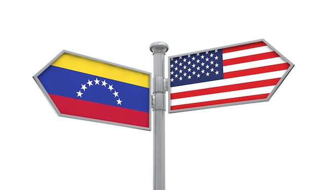 Venezuela and America flag moving in different direction 3D Rendering