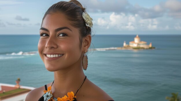 Photo a venezuelan woman with a flower in her hair smiles at the camera of mixed race