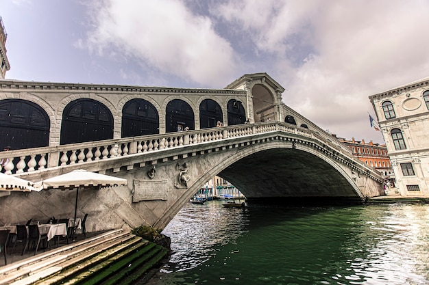 VENICE, ITALY 2 JULY 2020: Three quarter view of the Rialto bridge in Venice