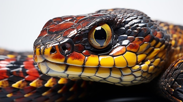 Venomous Eastern coral snake Micrurus fulvius close up macro of head eyes tongue and pattern