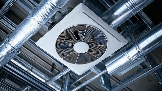 Photo ventilation fan unit in a ceiling with metal ducts