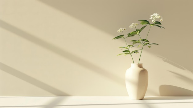 Verbena plant in white vase on table sunlit by window