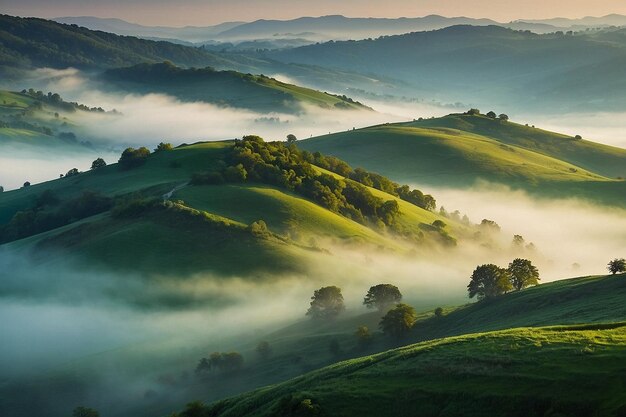 Verdant hills covered in morning mist