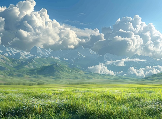 A verdant prairie land with snowcapped mountains in the distance