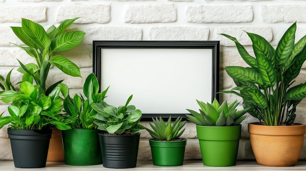 Photo verdant serenity a framed contrast against a brick backdrop