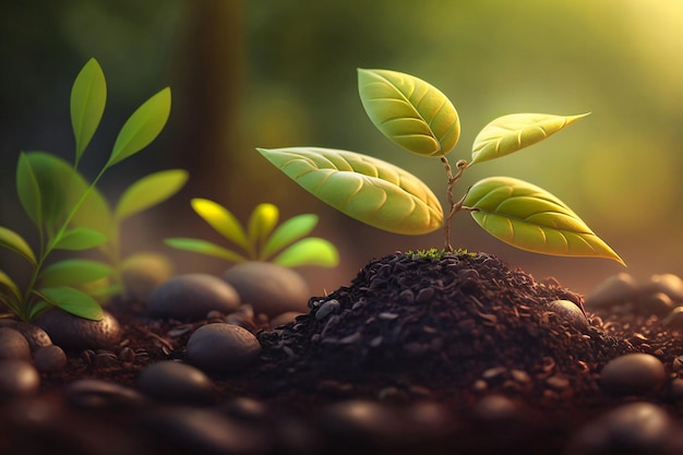 A verdant tableau unfolds as coffee bean seedlings emerge symbolizing growth and new beginnings on a picturesque green canvas