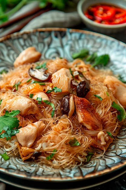 vermicelli with shrimp and mushrooms on a plate selective focus