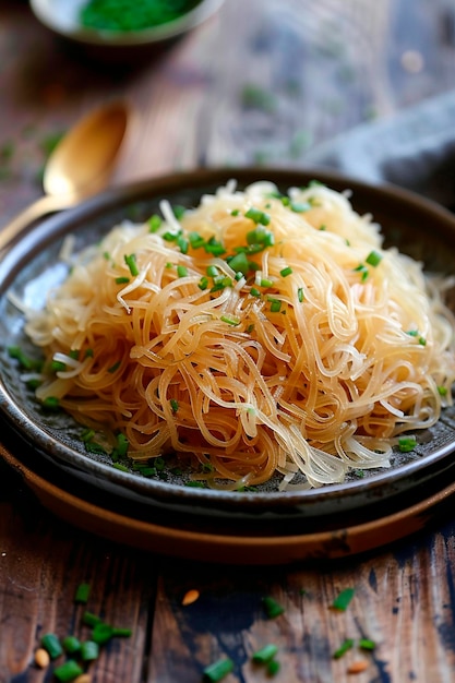 vermicelli with shrimp and mushrooms on a plate selective focus