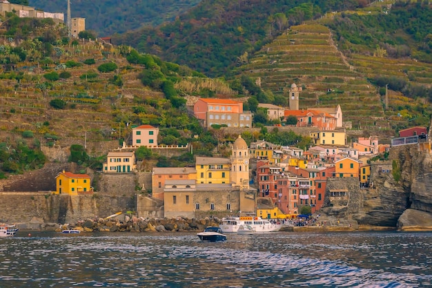 Vernazza, Colorful cityscape on the mountains over Mediterranean sea in Cinque Terre Italy Europe