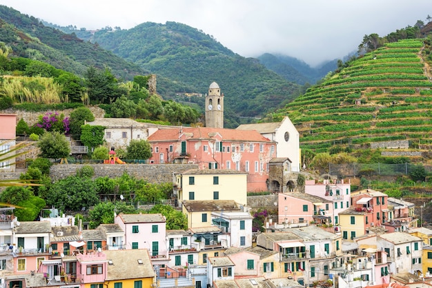 Vernazza village and church Santa Margherita, Cinque Terre, Italy