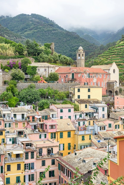 Vernazza village and church Santa Margherita, Cinque Terre, Italy