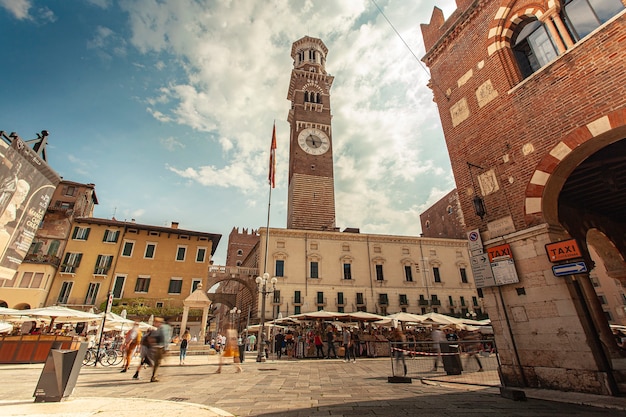 VERONA, ITALY 10 SEPTEMBER 2020: Wide angle view of Piazza delle Erbe in Verona in Italy