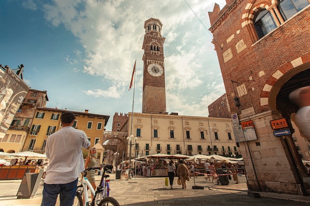 VERONA, ITALY 10 SEPTEMBER 2020: Wide angle view of Piazza delle Erbe in Verona in Italy