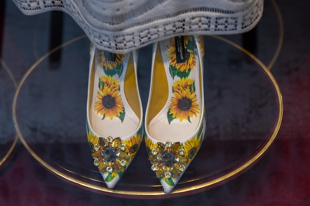 Verona italy august shoes with sunflowers and precious crystals fashion collection of italian design