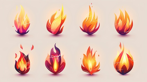 Photo versatile fire icon set featuring various flame designs with dynamic and stylized shapes glowing effects and vibrant colors on a dark background for digital projects